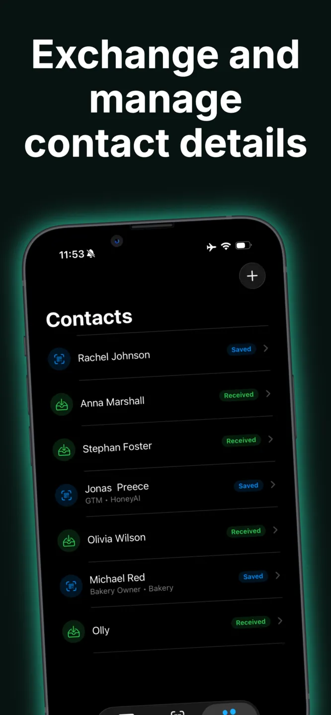 Typecard app screen: exchange and manage contact details