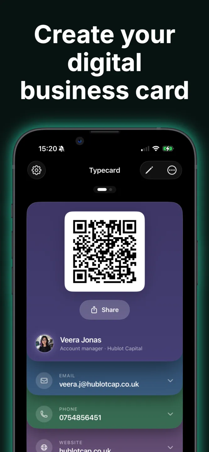 Typecard app screen: create your digital business card
