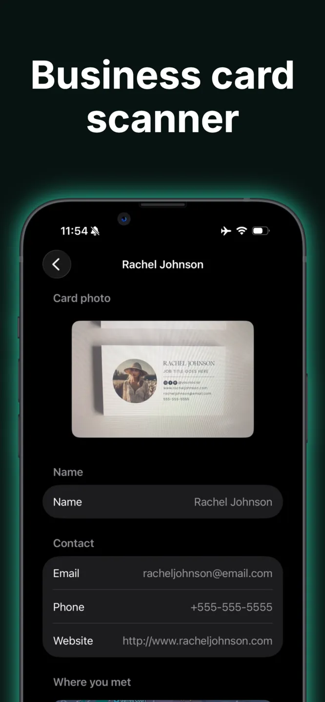 Typecard app screen: business card scanner