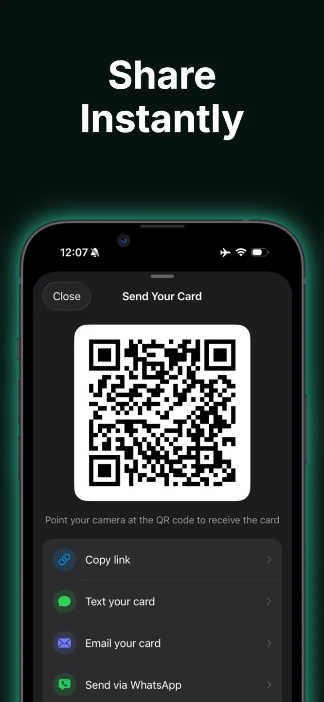 Typecard app screen: share your card instantly with a QR code