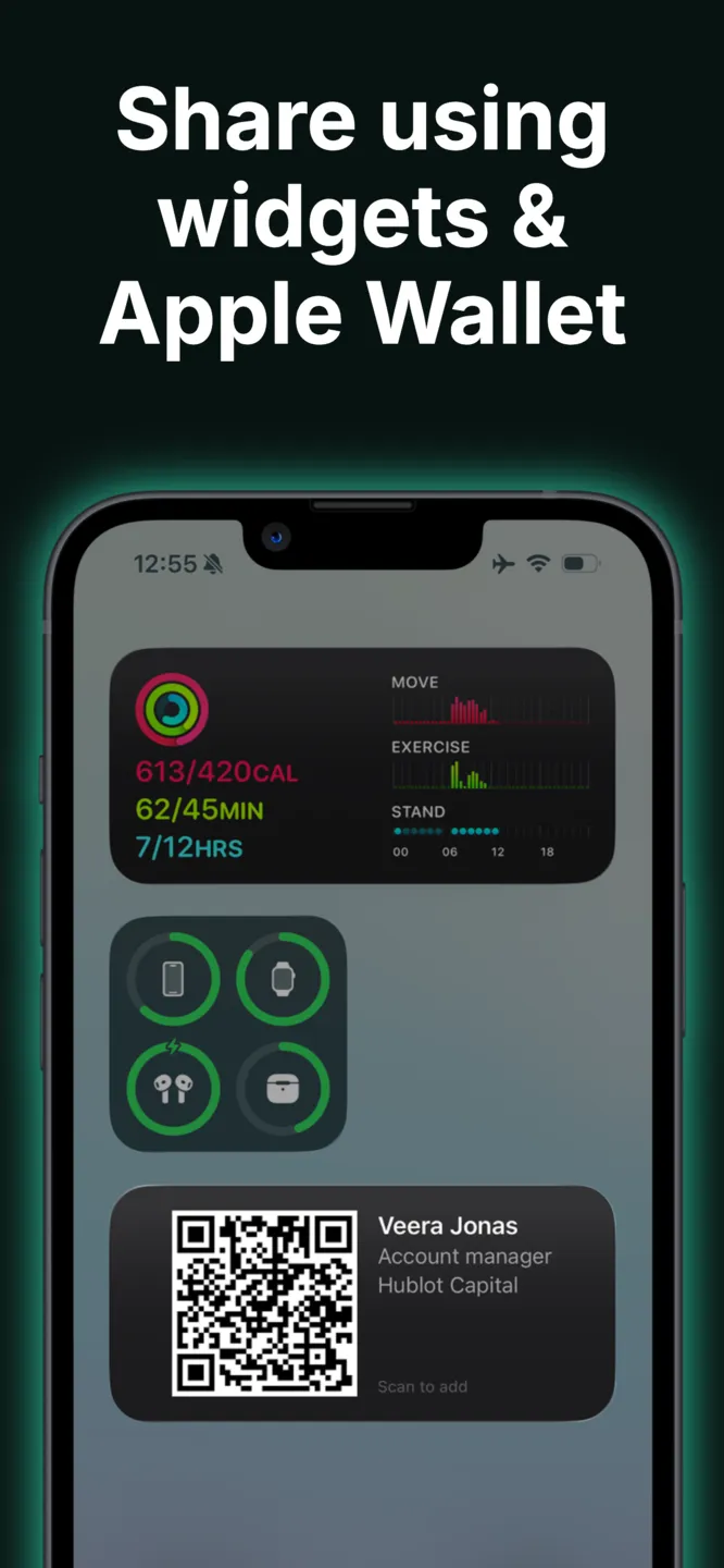 Typecard app screen: share using widgets and Apple Wallet