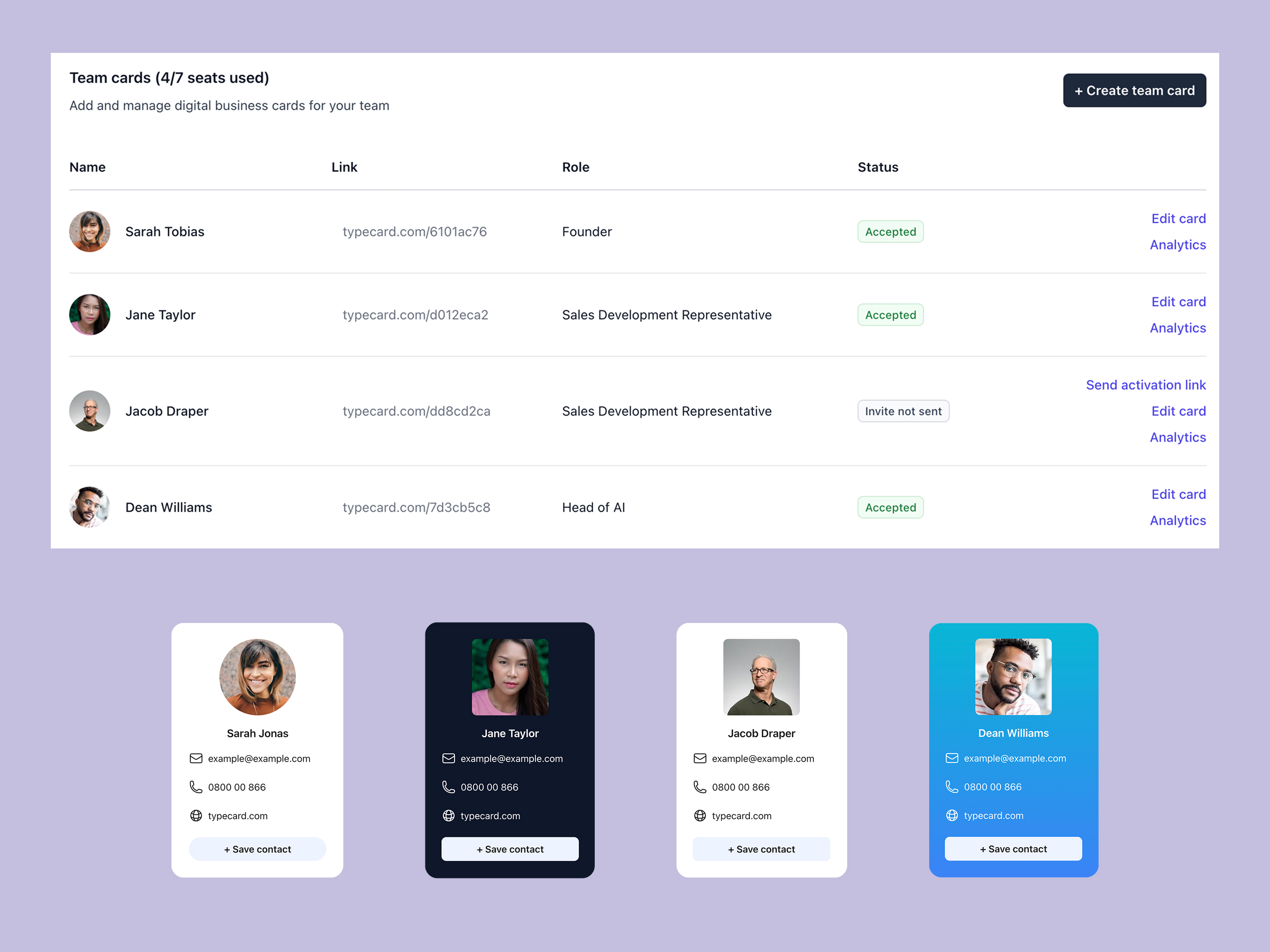 Digital business card for teams